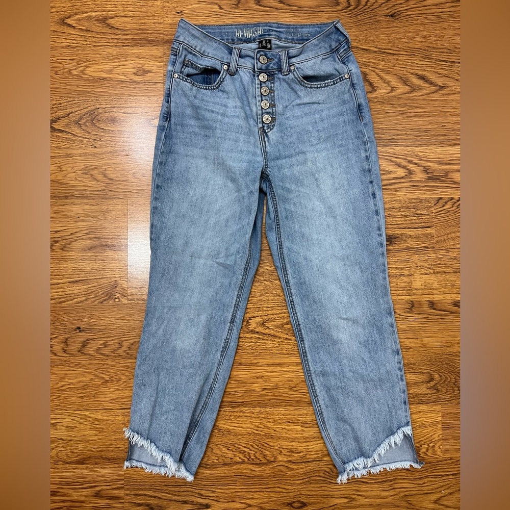 Rewash cropped jeans frayed/raw hem light-med wash denim button fly highrise